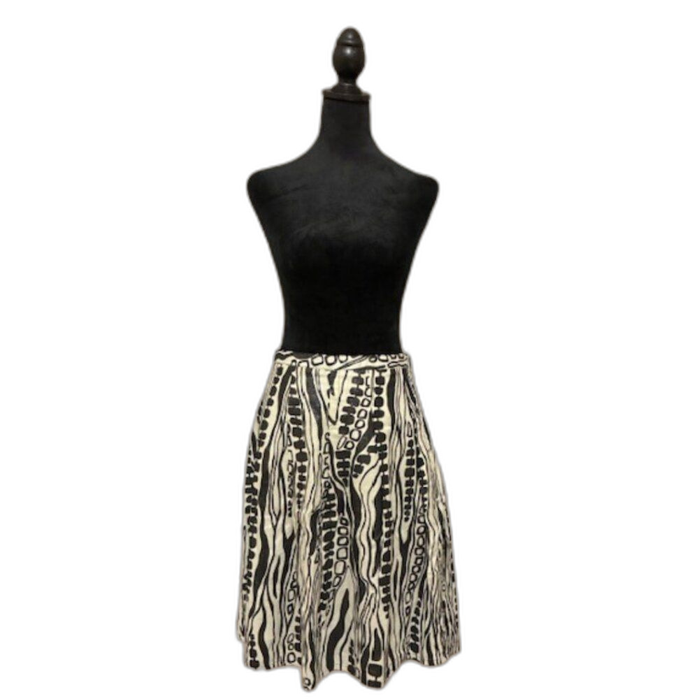 Kenar Skirt Women's Size 8 A-Line Pleated Metallic Black Ivory Linen Blend